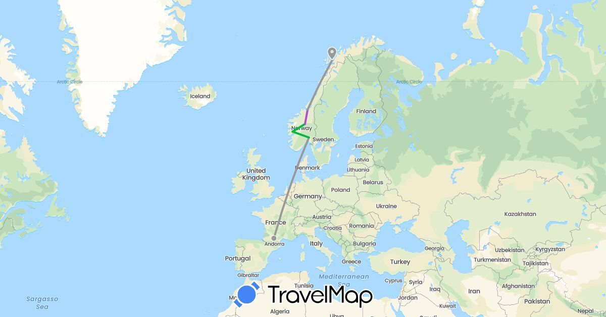 TravelMap itinerary: driving, bus, plane, train in France, Norway (Europe)